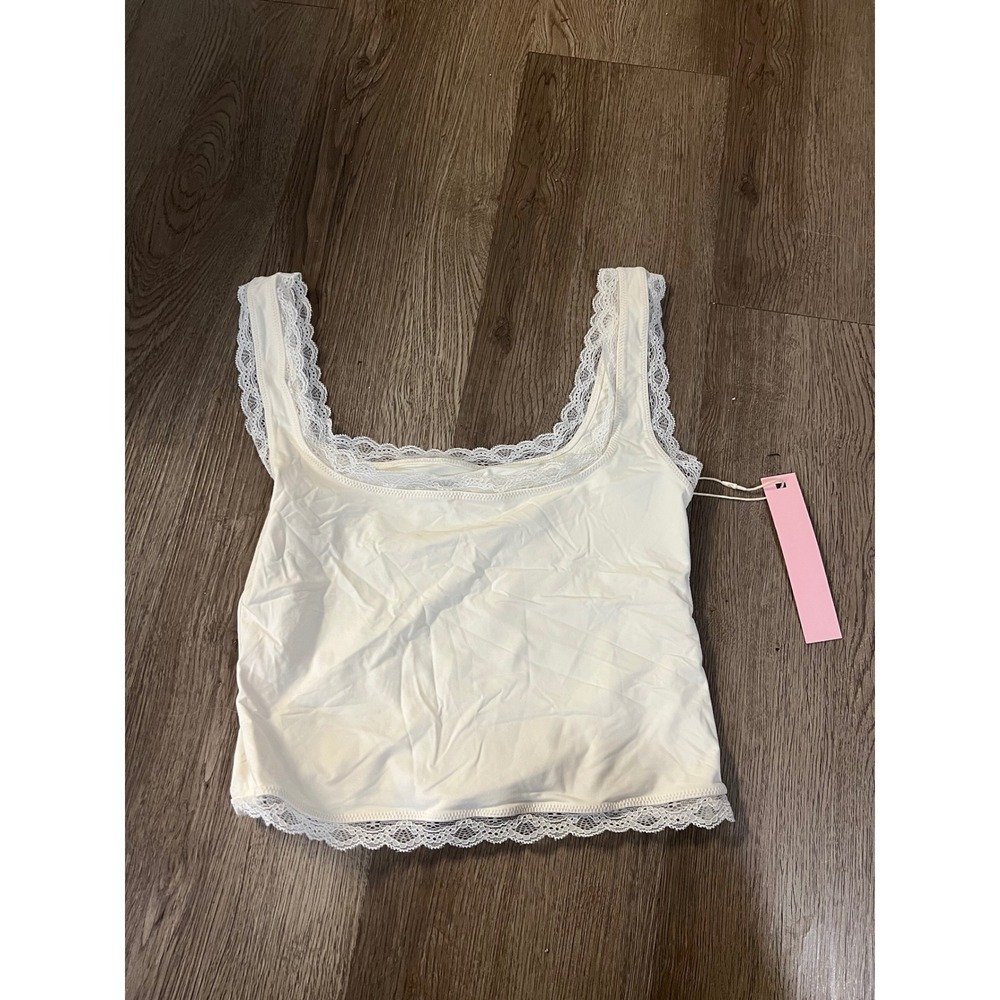 QINSEN Women Cream Lace Trim Square Neck Tank Top Coquette Cami Small NEW